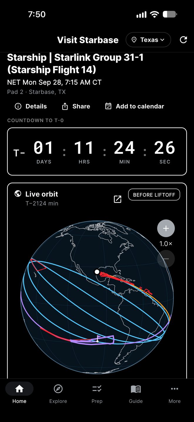 Visit Starbase Home — live countdown and orbit map